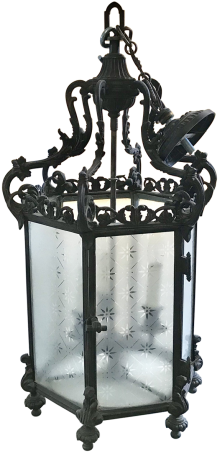 Wrought Iron And Frosted Glass Hanging Lantern - Antique (736x460), Png Download