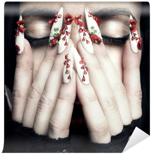 Beautiful Woman With Long Designer Nails Wall Mural - White Nails Red Roses (400x400), Png Download