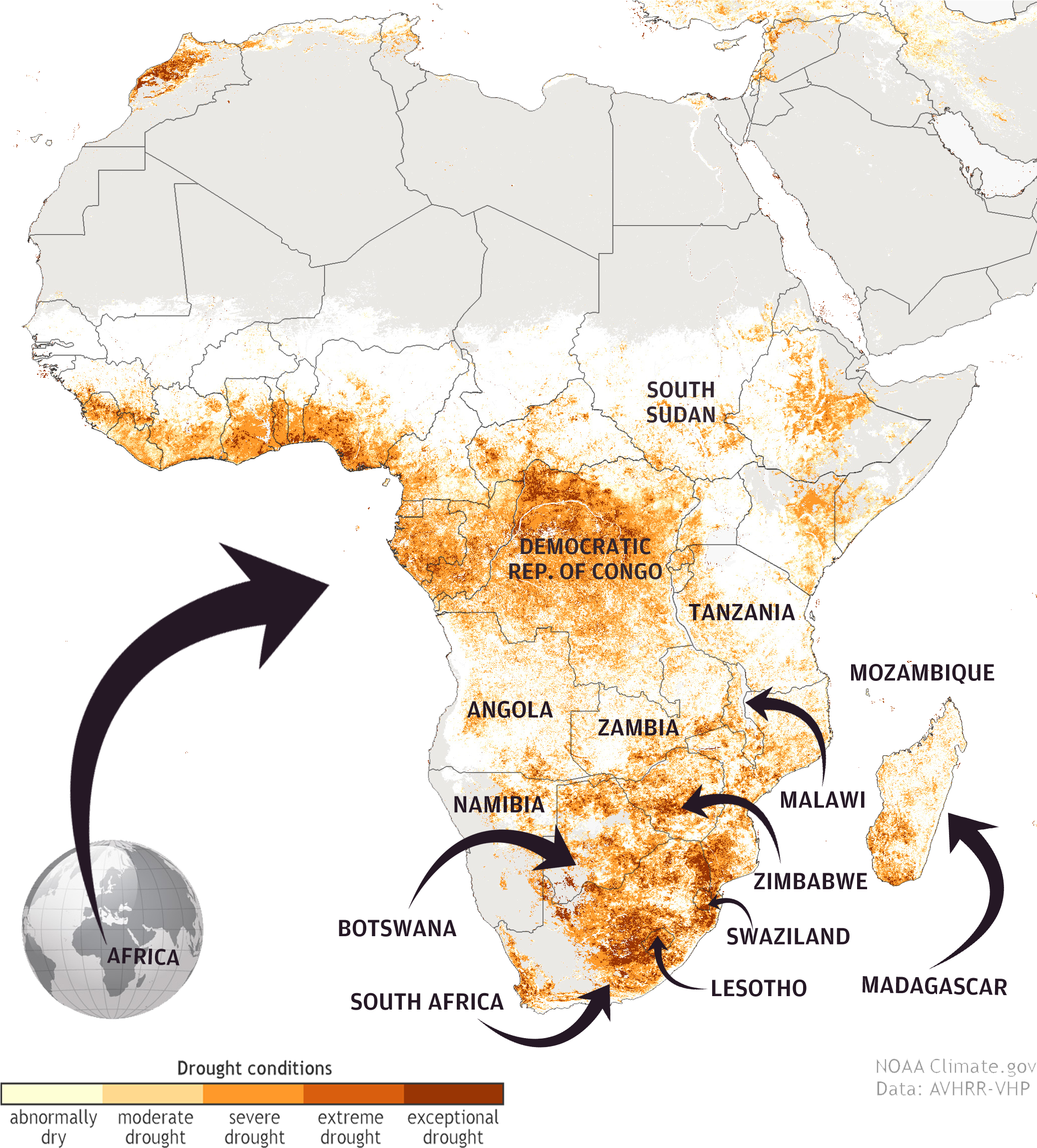 Africa 2016 Drought Map By Noaa - Droughts In Africa Map (2113x2313), Png Download