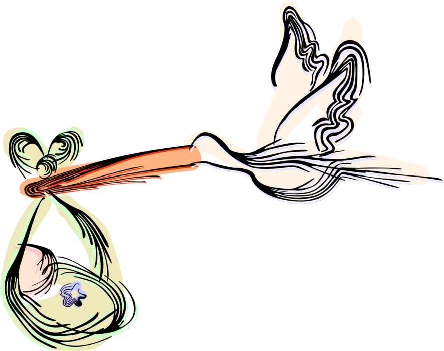 Vector Illustration Of Stork Bird Delivers Newborn - Illustration (887x700), Png Download