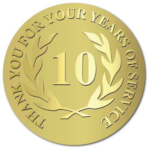 10 Years Embossed Award Stickers - 20 Years Service Award (500x500), Png Download