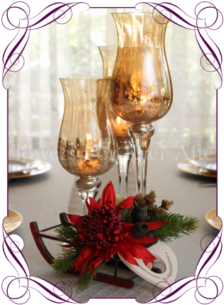 Australian Protea Christmas Sleigh Table Arrangement - Flower Bouquet (324x438), Png Download