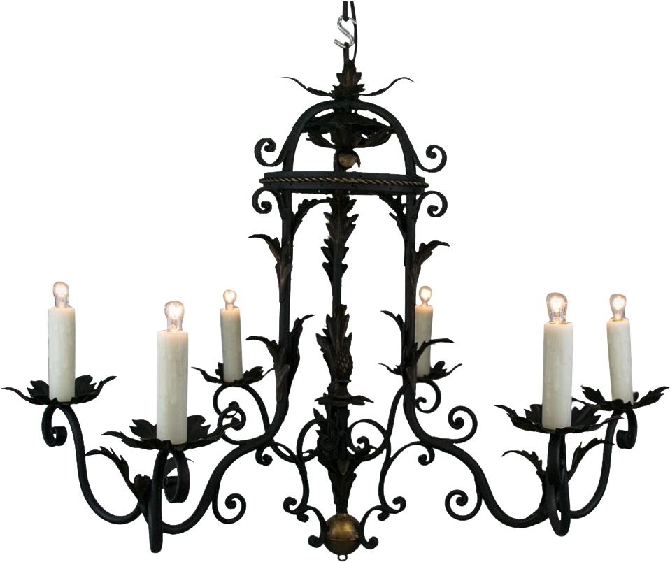 1930's French Six Light Black Iron Chandelier With - Chandelier (957x957), Png Download