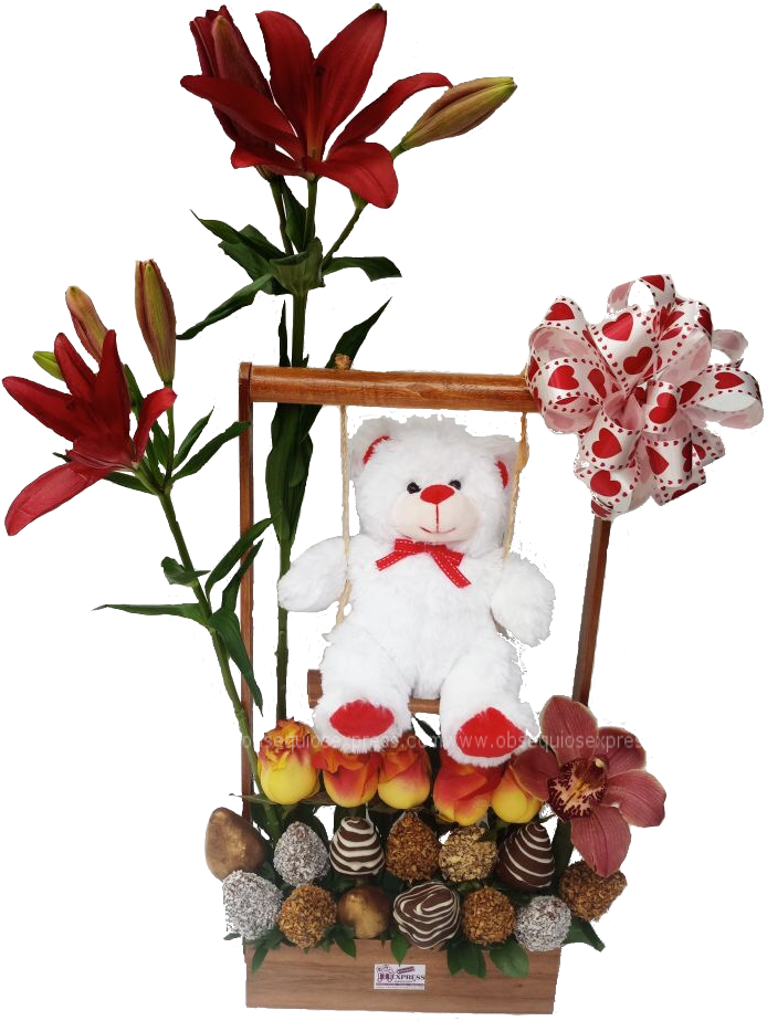 Lirios, Peluche, Rosas, Fresas Achocolatadas, Orquídea - Detalles Peluches Con Flores Png (706x1097), Png Download