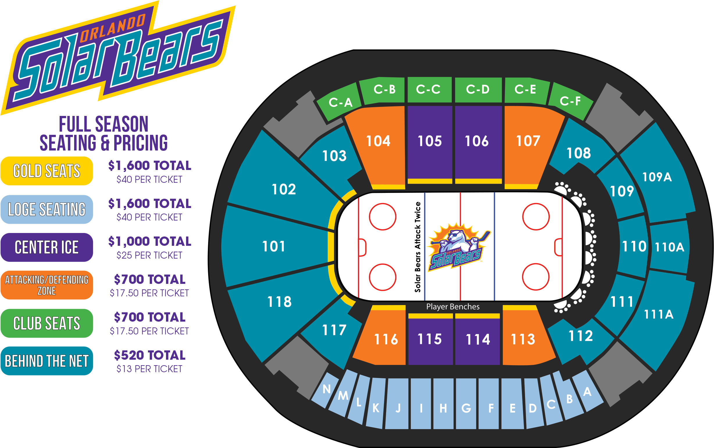 Solar Bears Full Season Memberships Orlando Solar Bears - Hockey Amway Center Seats (2462x1541), Png Download