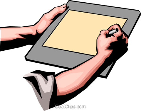 Hands Drawing On Computer Tablet Royalty Free Vector - Slide Pronto Sobre Controle De Qualidade (480x379), Png Download