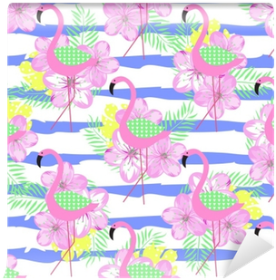 Tropical Seamless Pattern With Pink Flamingo, Flowers - Leaf (400x400), Png Download
