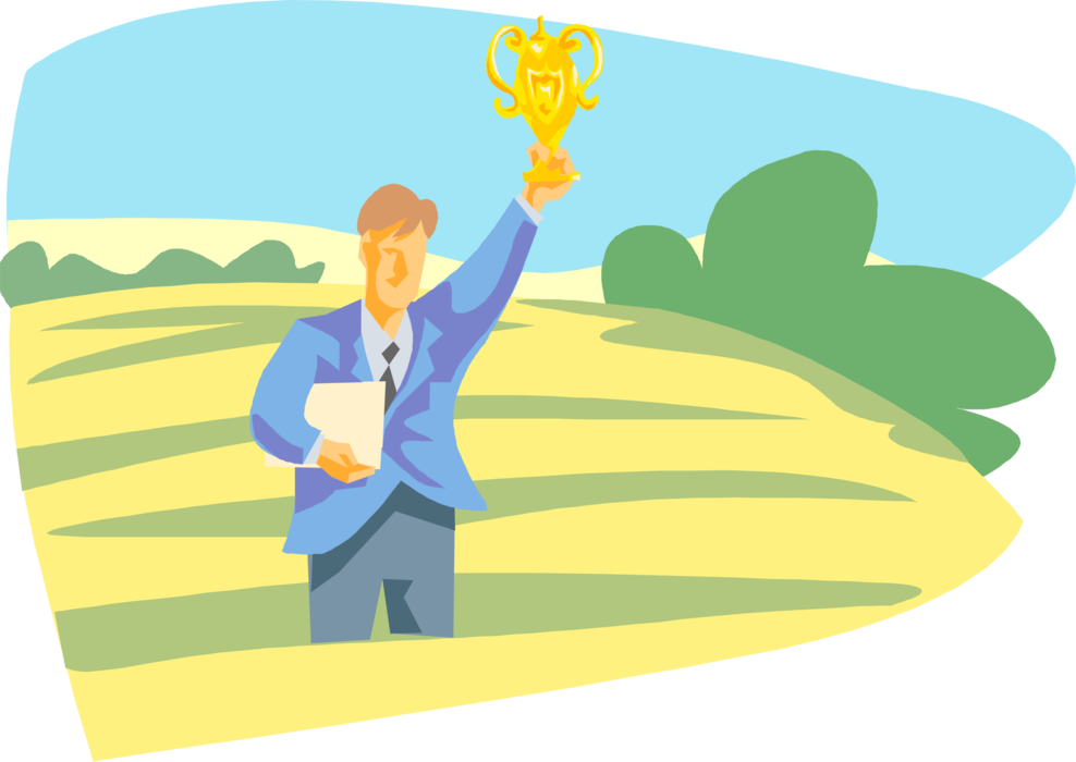 Vector Illustration Of Businessman Holds Up Winner's - Illustration (988x700), Png Download
