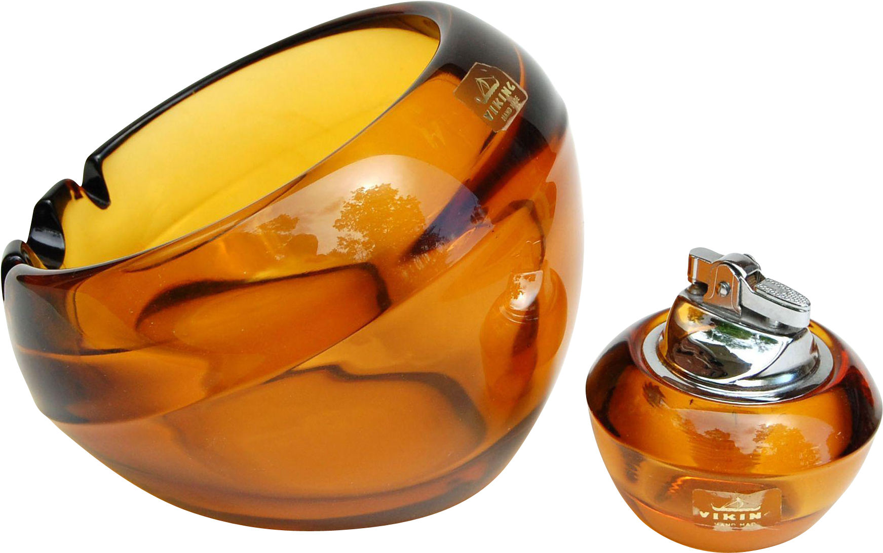Vintage Viking Glass Orb Ashtray & Lighter Amber Glass - Amber (1742x1742), Png Download