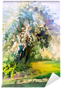 Watercolor Painting Of The Blooming Spring Tree Wall - Watercolor Painting (400x400), Png Download