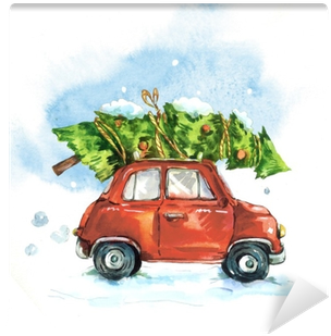 Watercolor Greeting Card With Red Retro Car Wall Mural - Christmas Pillow Cover Collection (400x400), Png Download