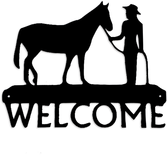 Cowgirl Leading Horse - Metal Cat Welcome Sign (768x620), Png Download