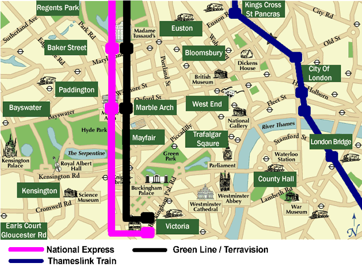 Central London Public Transport Termini Map - Districts Of London (729x546), Png Download