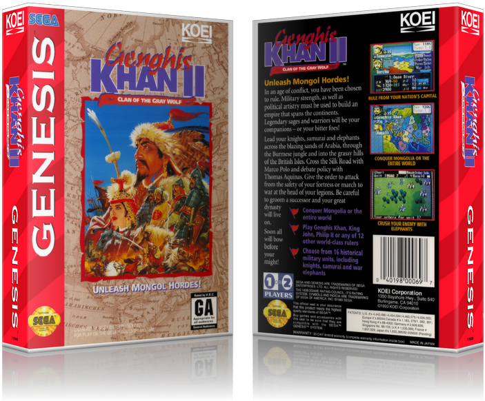 Genesis Genghis Khan Ii Sega Megadrive Replacement - Super Aoki Ookami To Shiroki Mejika: Genchou Hishi (800x650), Png Download