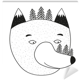 Vector Illustration With Cartoon Wolf Head, Pine Trees - Illustration (400x400), Png Download
