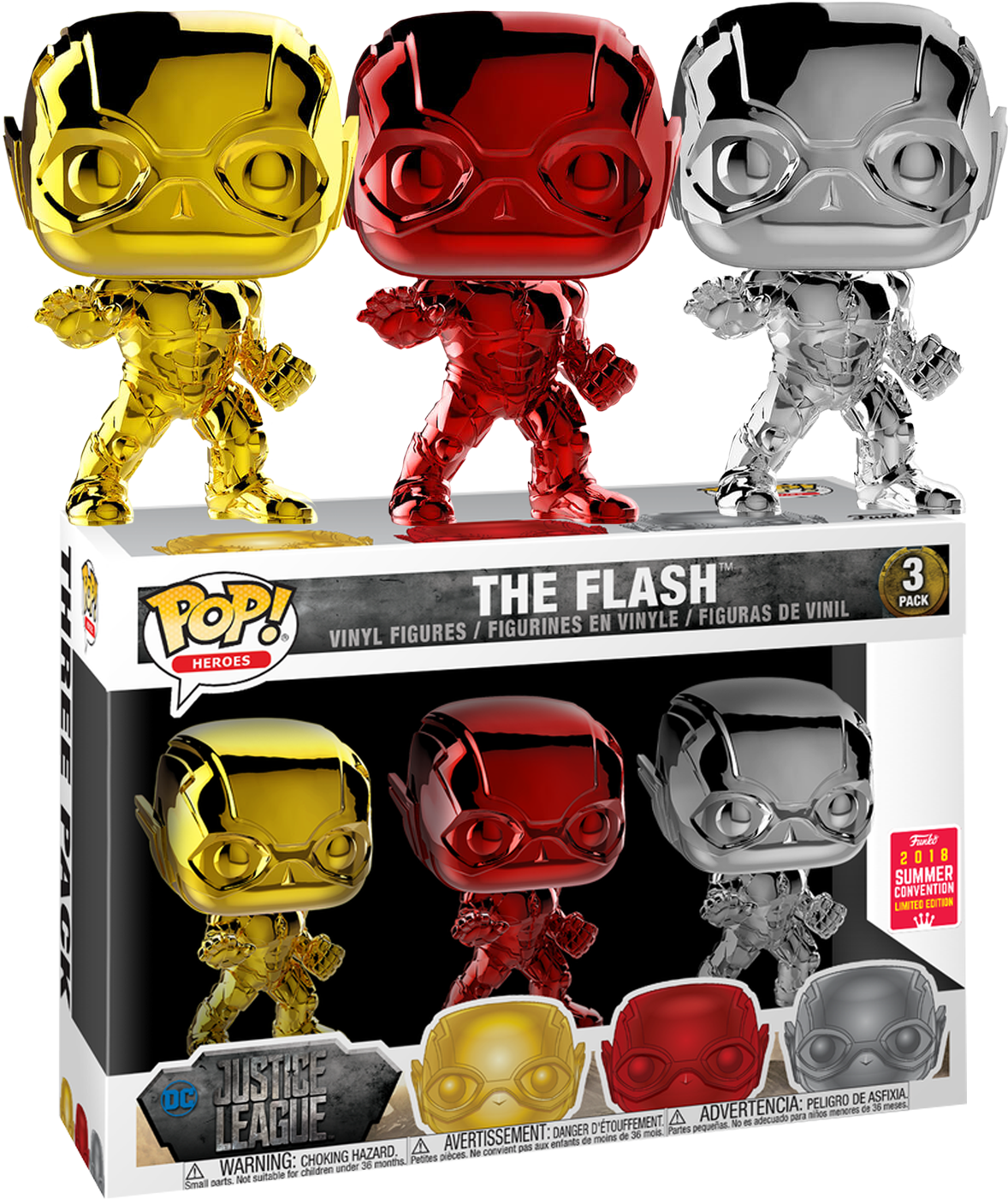 The Flash (chrome) (3-pack) [summer Convention] - Flash 3 Pack Funko (1178x1400), Png Download