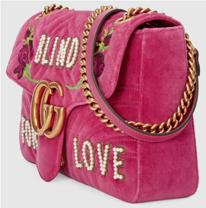 The Raspberry Pink Velvet, Antiqued Gold Hardware And - Gucci Marmont Pink Embroidered Bag (702x416), Png Download