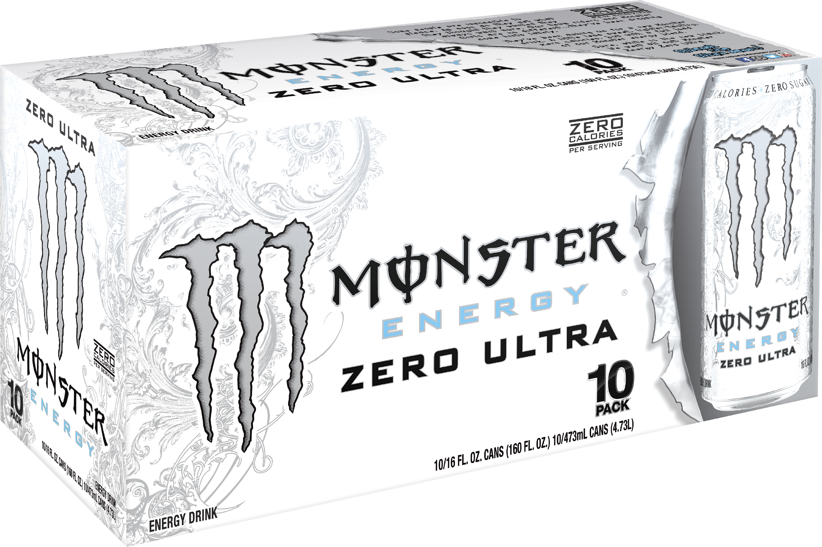 Monster Ultra Energy Drink, Zero, 16 Fl Oz, 10 Count - Monster Energy Drink, Zero Ultra - 10 Pack, 16 Fl Oz (2613x1739), Png Download