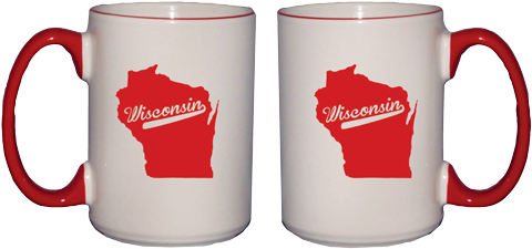Wisconsin Script With State Outline Red Handle Mug - Mug (500x306), Png Download