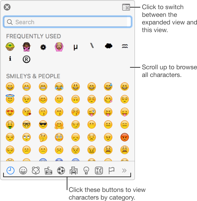 The Special Characters Pop-up Showing Emoticons, Buttons - Mac Os Sierra Emojis (660x668), Png Download