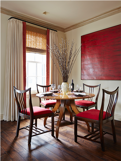 White Drapes Banded In Red - Window Covering (714x535), Png Download