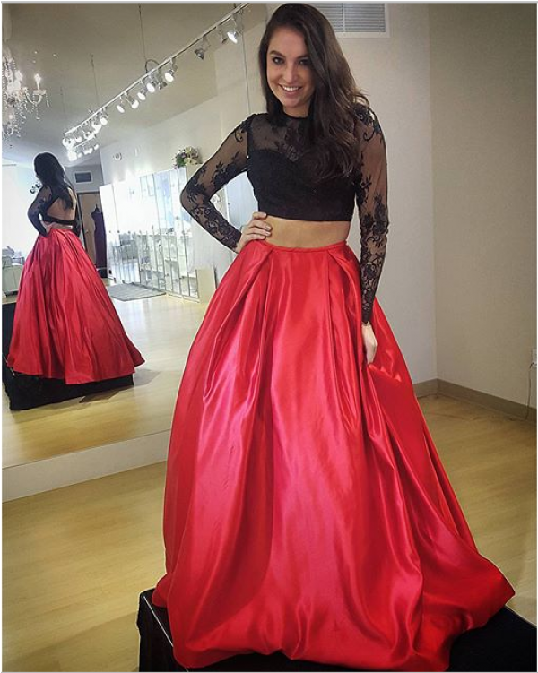 Lace Black Prom Dresses, Red Lace Prom Dresses, Prom - Red And Black Long Sleeve Prom Dress (750x750), Png Download