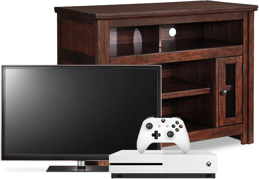 Xbox One S 1 Tb, 43” Tv, & Tv Stand - Signature Design By Ashley Harpan Reddish Brown Tv (868x600), Png Download