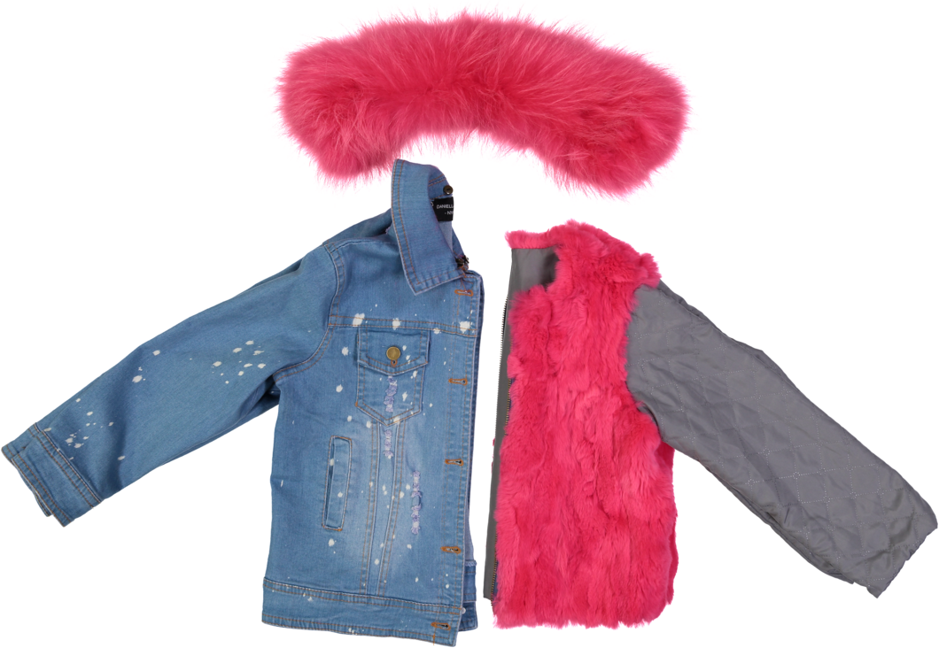 Girl's Distressed Denim And Fur Jacket - Fur Clothing (1060x732), Png Download