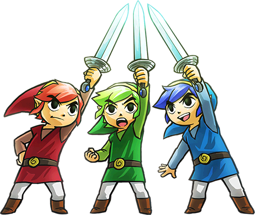 3 Links Holding Up Swords - Legend Of Zelda Triforce Heroes Png (510x431), Png Download
