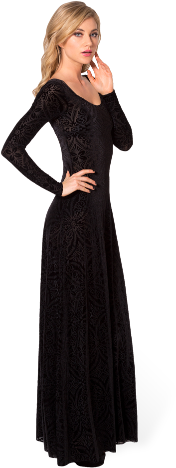 Long Sleeve Dress Png High-quality Image - Velvet Long Dress Black (683x1024), Png Download