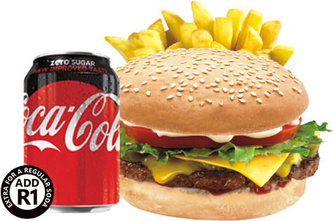 Perfect Cheese Burger, Reg Chips & 330ml Soda - Burger Meal (484x368), Png Download