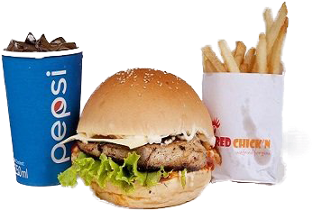 Grill Chicken Burger With Cheese, French Fries 1, Soft - 1 Chicken Burger Fries Drink (400x350), Png Download