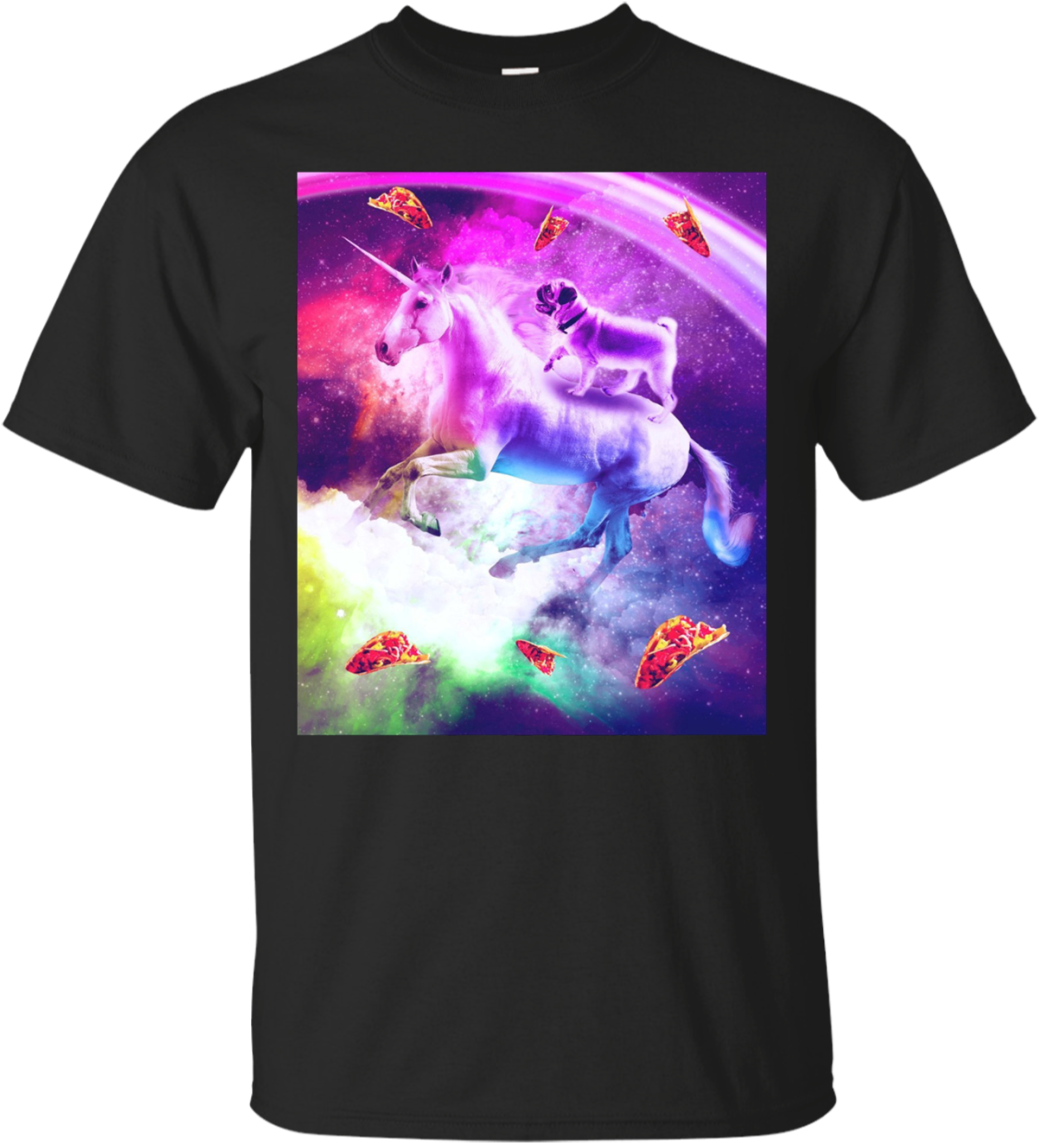 Rainbow Space Pug Riding On Flying Unicorn With Taco - Gucci Hallucination T Shirt (1155x1155), Png Download