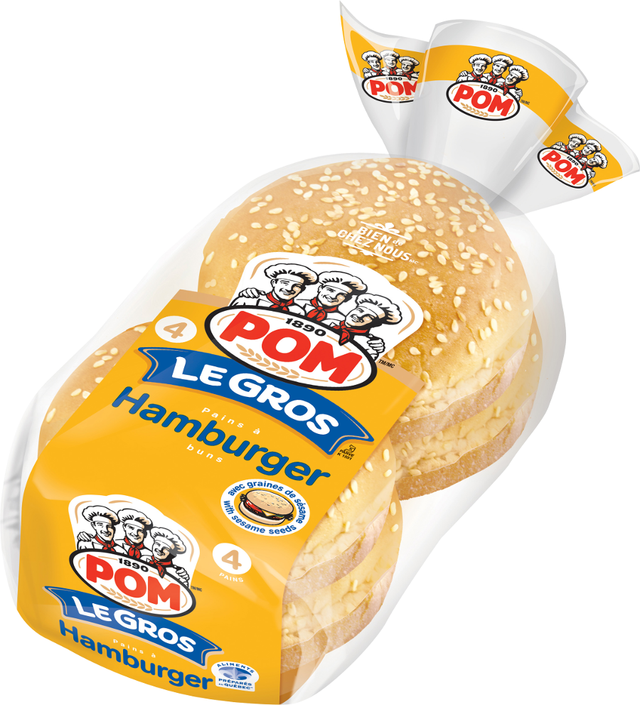 Pom® Le Gros Sesame Hamburger Buns 4-pack - Pain Hamburger Valeur Nutritive (900x991), Png Download