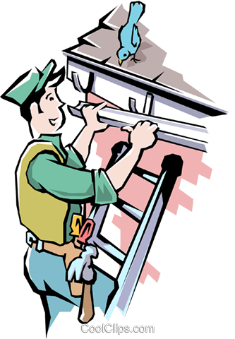 Handyman Installing Eaves Trough Royalty Free Vector - Man On Roof Cartoon (333x480), Png Download