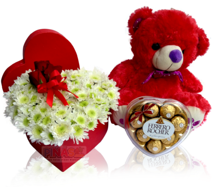 Ella Red Teddy Bear Flowers In A Heart Shaped Box Sweet - Ferrero Rocher (510x381), Png Download
