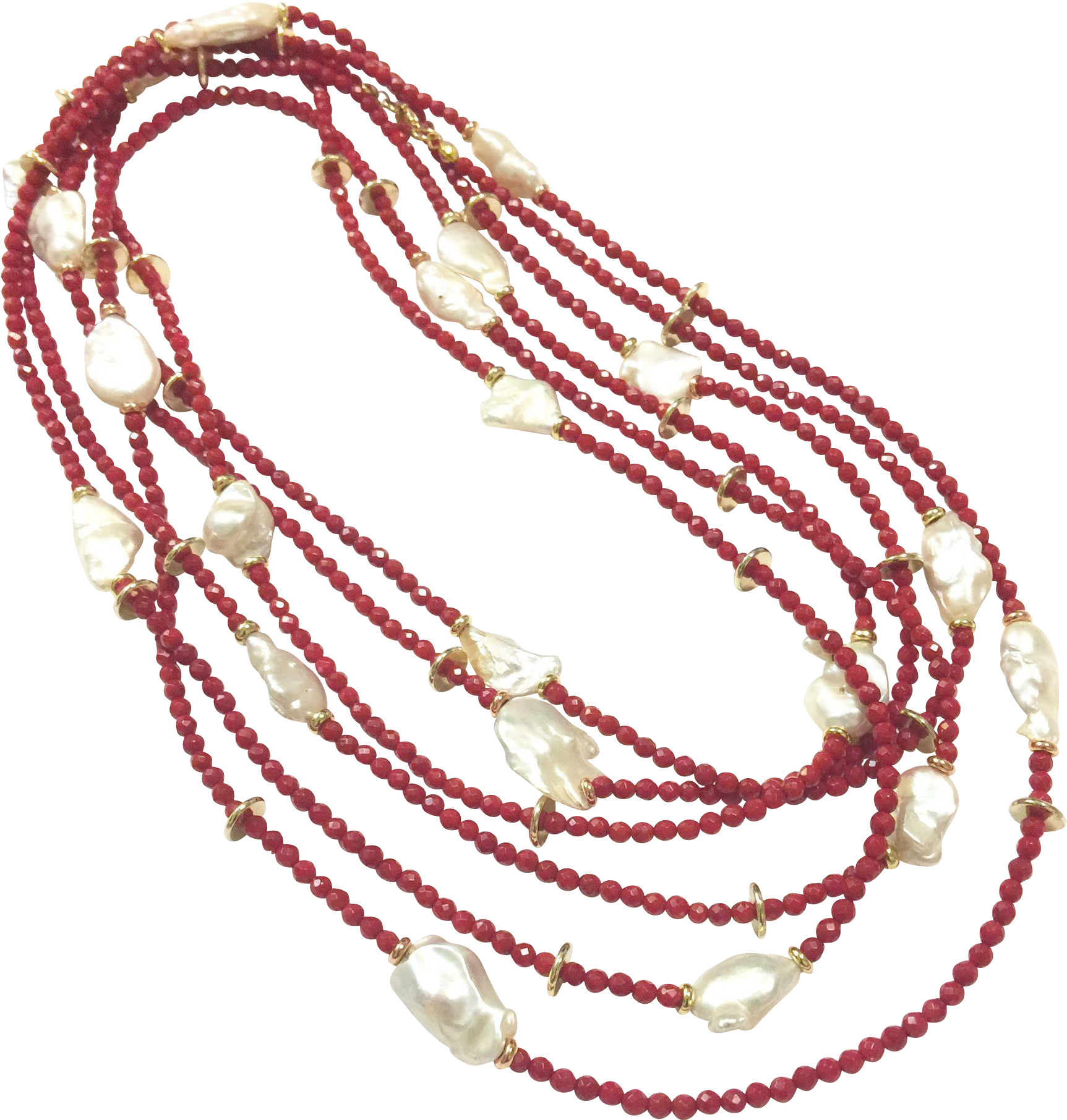 120" Long Red Coral And White Baroque Pearls Layered (1811x1811), Png Download