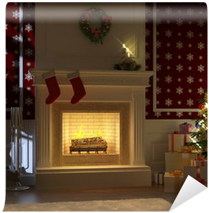 Cozy Fireplace Decorated For Christmas With Santa Silhouette - Fireplace (400x400), Png Download