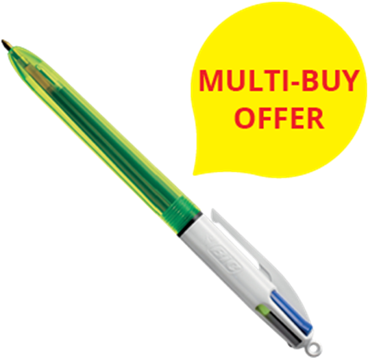 Bic 4 Colour Fluo Black Blue Red Ball Pen And Highlighter (600x600), Png Download