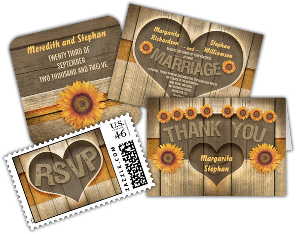 Wood And Sunflowers Heart Rustic Wedding Invitation - Country Wedding Invitations With Sunflowers (600x476), Png Download