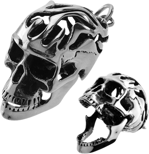 Movable Flaming Skull Pendant - Silver (555x555), Png Download