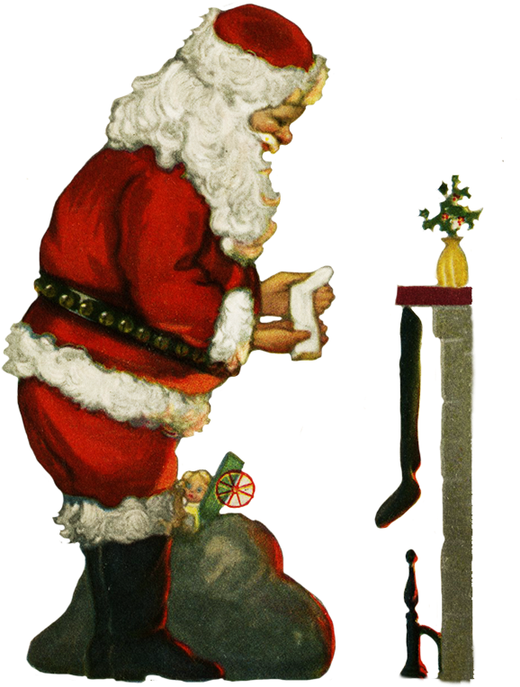 Santa With Socsk At The Fireplace At Christmas - Santa Claus (634x827), Png Download