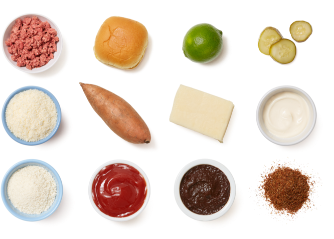 Smoky Cheeseburgers With Elote-style Sweet Potatoes - Potato Wedges (700x477), Png Download