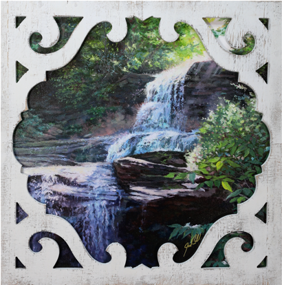 "falling Waters" White Scrolled Frame - Waterfall (666x413), Png Download