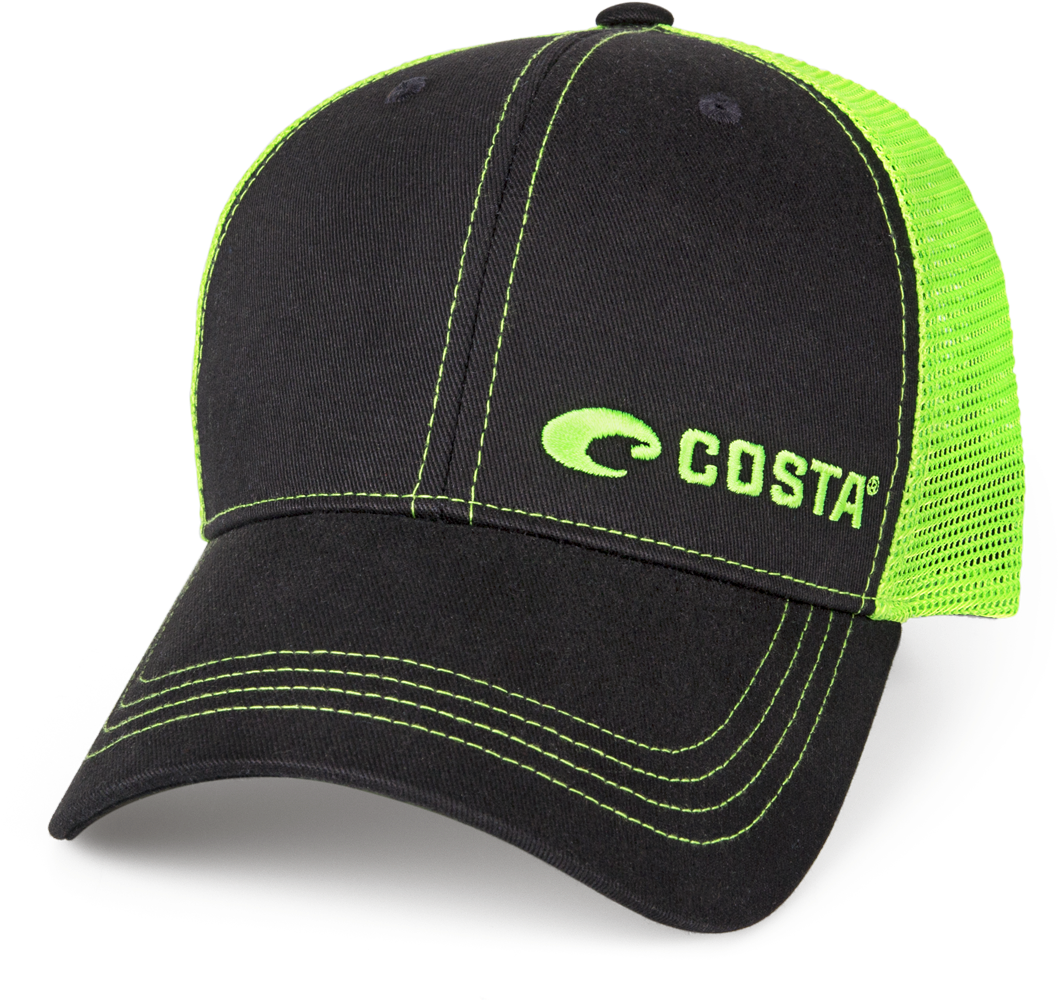 Costa Del Mar Neon Trucker Black Twill Hat In Black/neon - Costa Del Mar Neon Trucker Black/neon Green New 2017 (2000x1000), Png Download