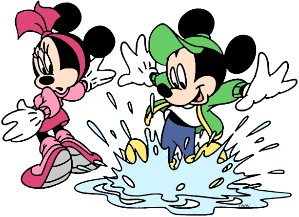 Young Mickey Jumping In Puddle, Splashing Minnie - Mickey And Minnie Mouse Clipart (613x444), Png Download