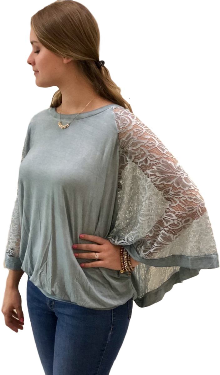 Washed Dolman With Lace Overlay - Blouse (900x1200), Png Download
