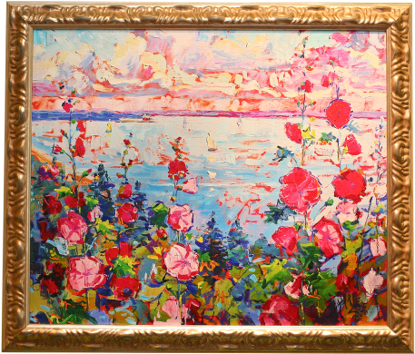 Painted Hollyhocks Canvas In Gold Frame - Canvas (500x426), Png Download