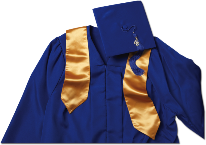 Graduation Cap And Gown - Blue And Gold Cap And Gown (730x515), Png Download