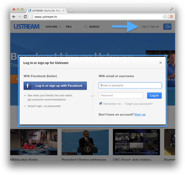 Log In To Your Ustream Account, Or Create A New One - Ustream (650x617), Png Download